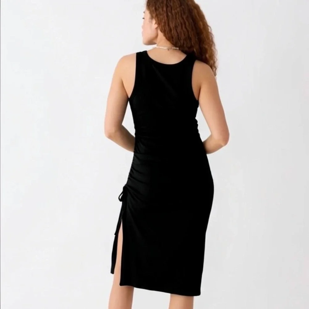J.Crew | Ruched‎ Midi Tank Dress in Vintage Rib S Black Side Slit Ruched BP250